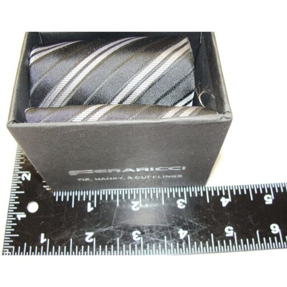 Feraricci Tie, Hanky & Cufflinks Matching Set Silver Tone Wedding Formal Tux IOB - Picture 3 of 7